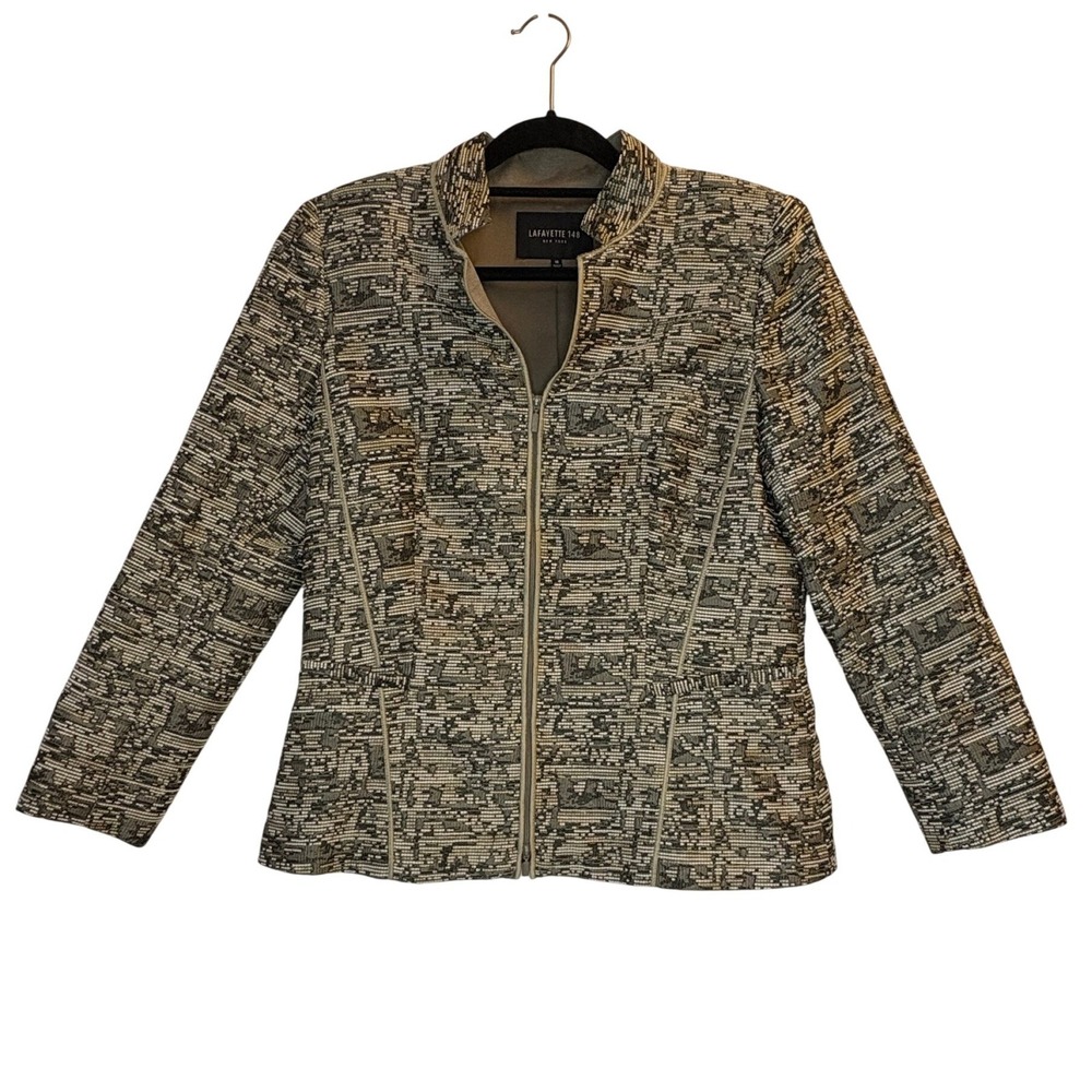 Lafayette 148‎ Jacket Size 10 Blazer Jacquard Zip Stand Collar Textured Lined